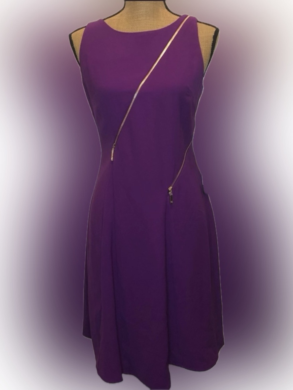Ivanka Trump Purple Sleeveless Midi Dress with Diagonal Gold Zipper Detail
